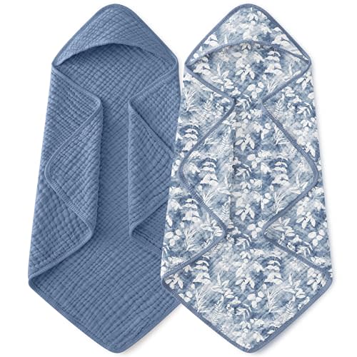 Yoofoss Hooded Baby Towels for Newborn 2 Pack 100% Muslin Organic Cotton Baby Bath Towel with Hood for Babies, Infant, Toddler and Kids, Large 32x32Inch, Soft and Absorbent Newborn Essential