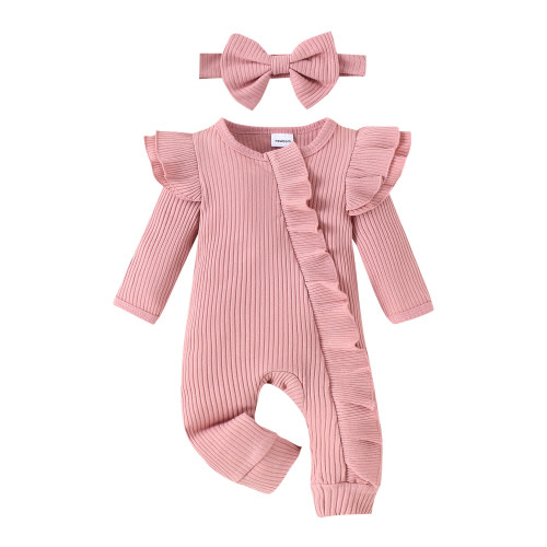 Douhoow Newborn Clothes 0 3 6 Months Baby Girl Ribbed Romper Long Sleeve Ruffle Jumpsuit Infant Solid Bodysuit Headband