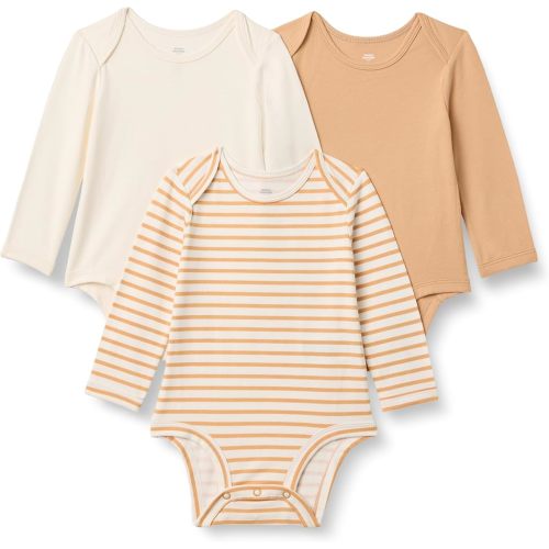Amazon Essentials Unisex Babies' Cotton Long Sleeve Crew Neck Bodysuit, Pack of 3, Ivory/Light Camel/Stripe, 3-6 Months
