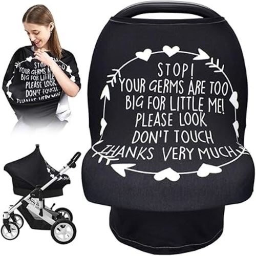 Car Seat Covers for Babies, Nursing Breastfeeding Cover Infant Carseat Canopy, Soft Stretchy Carrier Cover for Stroller High Chair Shopping Cart, Newborn Boy Girl Shower Gift - Stop No Touching Sign