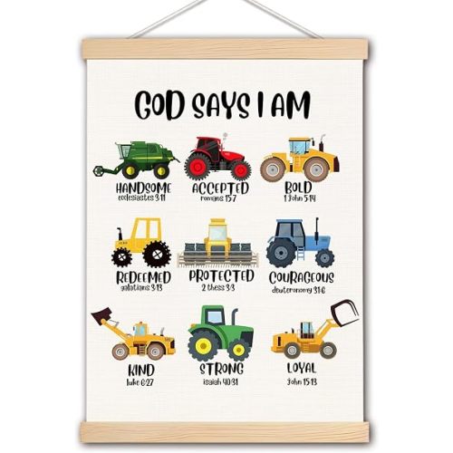 DNEULYR Excavator Christian Canvas Wall Art, God Says I am Bible Verse Wall Decor, Construction Room Decor, Religious Vehicle Prints Poster for Boys Room Nursery Playroom, 12x16 Inches