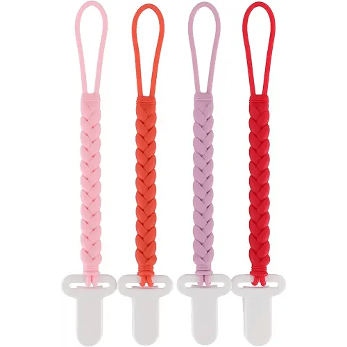 4-Pack Silicone Pacifier Clips with a Woven Rope Shape for Baby Boys and Girls - Flexible and Rust-Free Holders for Teething Relief and Baby Essentials, Safe for Newborns (Pink)