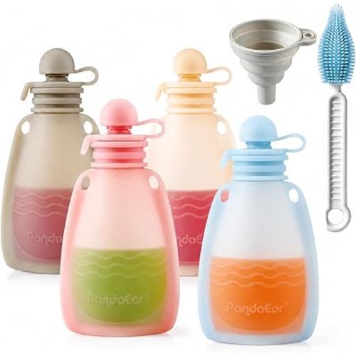 PandaEar Reusable Silicone Baby Food Pouches, 4 Pack Squeeze Pouches for Toddler Kids, BPA-Free Silicone Refillable Baby Food Storage, 5 oz