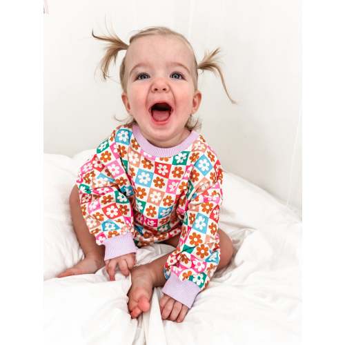 Oversized Cozy Romper - Rainbow Daisy Check - 6-12M