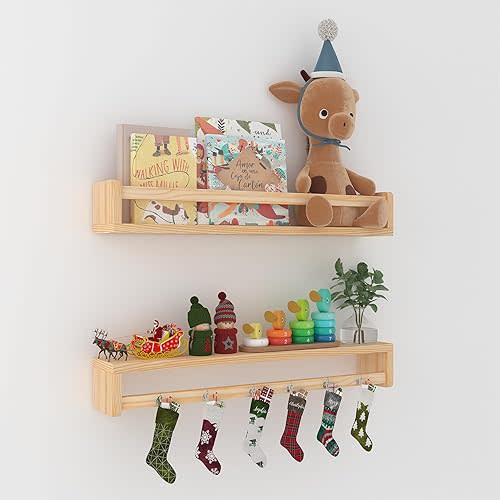 Heimlove Floating Shelves, Rustic Natural Solid Wood Wall Nursery Shelves - Book Shelves for Kids Room, Bedroom, Kitchen, Bathroom Decor (Natural, 24inch - 2P)