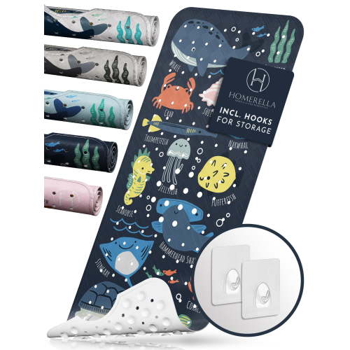 Homerella Baby Bath Tub Mat | Anti Mold Mildew Resistant Non Slip Kids and Adult Bath Tub Shower Mats | 40x16 inch Long with Suction Cups for Secure Grip Hooks for Storage & Drying | Machine Washable