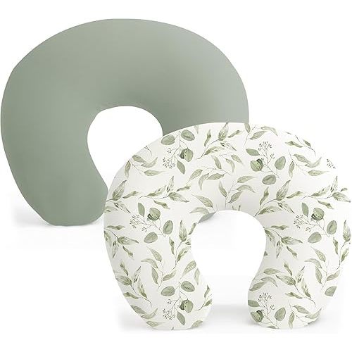 Konssy 2 Pack Nursing Pillow Covers, Stretchy and Soft Nursing Cover for Breastfeeding Pillows, Pillow Slipcover for Baby Girls Boys Newborn (Green, Green Leaves)