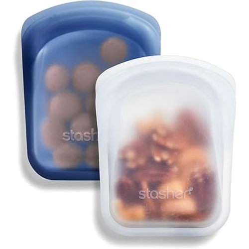 Stasher Premium Silicone Reusable Food Storage Pocket 2-Pack, Clear + Deep Ocean, Multi-Use Food Storage Bags, Lunch Bag, Travel Containers, BPA Free, Leak-free, Dishwasher-Safe, Eco-friendly, 4 Oz