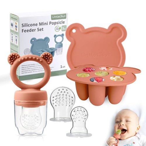 LittlesJoy Infant Baby Fruit Feeder & Food Feeder, Breast Milk Popsicle Mold for purees, Baby Teething Relief teether,4pcs self Feeding Sets for Toddler, BPA Free 3 Month + (Muted)