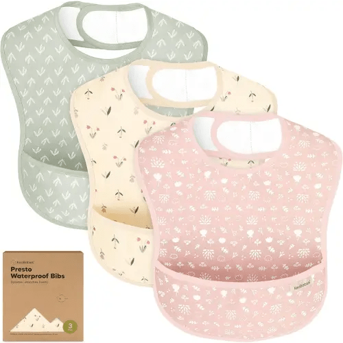 3-Pack Waterproof Baby Bibs for Eating - Lightweight Toddler Feeding Bibs with Large Food Catcher, Mess Proof, Food-Grade Baby Eating Essentials, Easy to Put On & Clean (Fleur)
