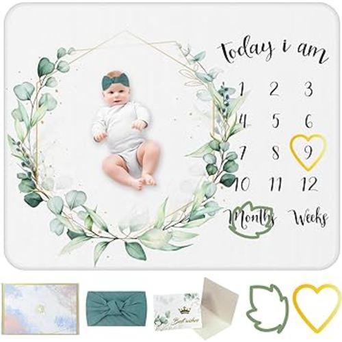 AOKE Baby Milestone Blanket Neutral Leaf Baby Monthly Milestone Blanket Milestone for Baby Milestone Blanket for Baby Gifts Boy Girl includes PhotoProps Frames Bow Headband Photos