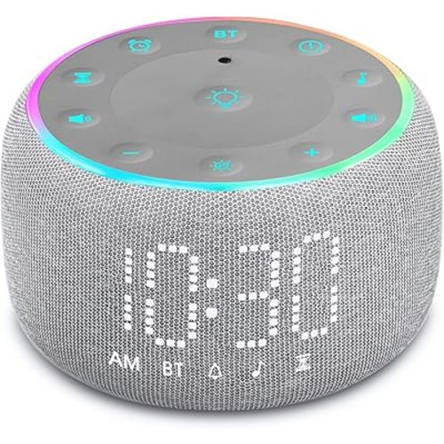 White Noise Machine Alarm Clock: Auto-Dimmable Clock for Bedrooms - 5W Stereo Bluetooth Speaker - Sound Machine with 24 Sleep Sounds for Adults Kids