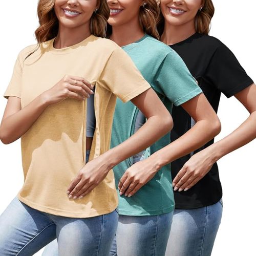 Women's 3-Pack Nursing Tops for Breastfeeding with Hidden Zippers Loose Fit Maternity Shirts