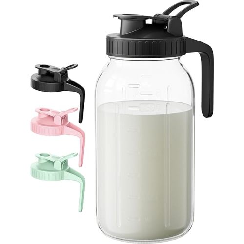 64oz Breast Milk Pitcher - 2 Qurat Glass Mason Jar with Lid and Pour Spout - 100% Airtight Leakproof Water Jugs for Iced Sun Tea, Juice, Cold Coffee, Breastmilk Storage Container - Black