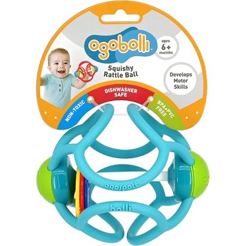 OgoBolli Teether Ring Tactile Sensory Ball and Baby Rattle Toy for Babies & Toddlers - Stretchy, Squishy, Soft, Non-Toxic Silicone - Boys and Girls Age 6+ Months - Blue
