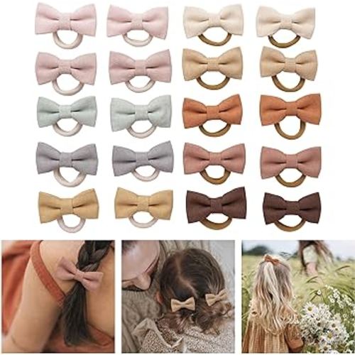 Baby Toddler Girls Hair Ties with Linen Bows, 20 pcs No Damage Elastic Nylon Ponytail Holders, Small Hair Accessories for Thick or Thin Hair