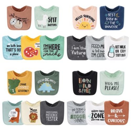 The Peanutshell Terry Bibs for Baby Boys, 20 Pack for Feeding, Teething, or Drooling, Hello Sunshine/Dino Boy