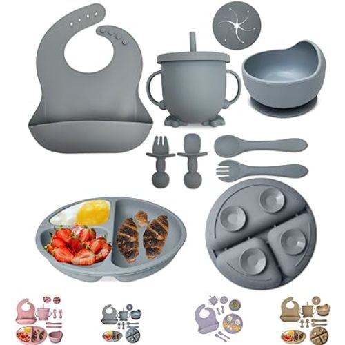 Baby Feeding Set 10-Piece | Baby Led Weaning Utensils Set Includes Suction Bowl and Plate, Baby Spoon and Fork, Sippy Cup with Straw and Lid | Baby Feeding Supplies Set (B-Blue)