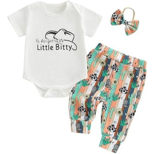 KMBANGI Infant Baby Cowgirl Western Clothes Newborn Girl Short Sleeve Letters Print T-Shirt Romper Long Pants with Headband