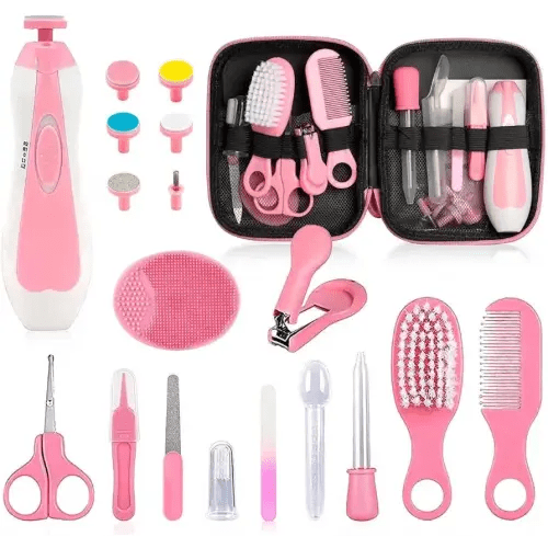 Baby Grooming Kit - 19 in 1 Nursery Essentials Baby Registry Shower Gift for Newborns, Infants, Toddlers, Boys, Girls Kids-Safety Baby Comb, Brush, Finger Toothbrush, Nail Clippers, Scissors(Pink)