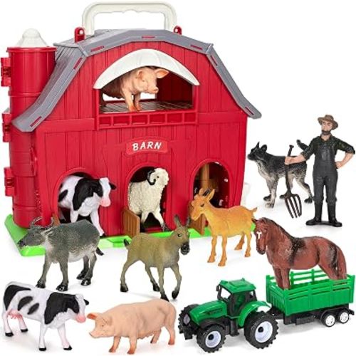 Ellinjan Farm Animals Toys for Toddlers Girls Boys, Big Red Barn Farm with Figures Animals and Tractor Toy for Kids 3 4 5, Farm Playset Educational Learning Toys, Ideal Christmas Birthday Gifts