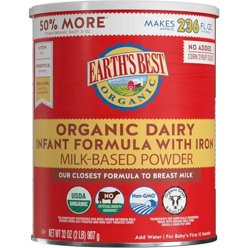 Earth's Best Organic Baby Formula for Babies 0-12 Months, Powdered Dairy Infant Formula with Iron, Omega-3 DHA, and Omega-6 ARA, 32 oz Formula Container