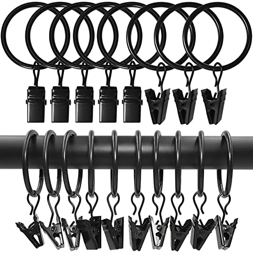 LLPJS 100 Pack Curtain Rings with Clips, Curtain Clip Rings Hooks, Bow Hanger Clips for Hanging Drapery Drapes Bows, Ring 1.26 inch Interior Diameter, Fits up to 1" Rod, Black