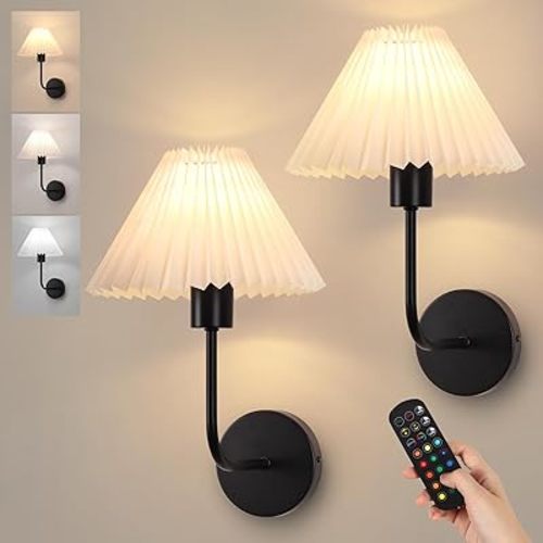 Rechargeable Battery Operated Wall Sconces Sets of 2, 15 Colors Wireless Wall Sconce, Black Wall Lights Fixture with Dimmable Bulbs and Remote, Not Hardwired Wall Mounted Lamps for Bedroom Living Room
