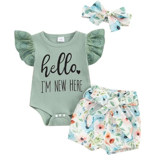 Hello World Newborn Outfit Baby Girl Going Home Outfit Ruffle Ribbed Romper Top Floral Pants Set Cute Summer Clothes