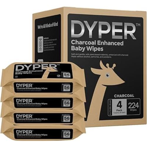DYPER Charcoal Enhanced Baby Wipes Unscented | Diaper Wipes Made with 100% Plant-Based* & Honest Materials | Hypoallergenic for Sensitive Infant Skin | Viscose from Bamboo Wipes - 4 Packs (224 Count)