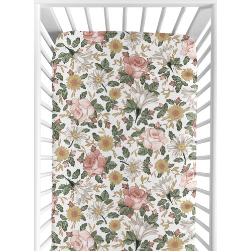 Sweet Jojo Designs Vintage Floral Pink Green and Yellow Fitted Crib Sheet
