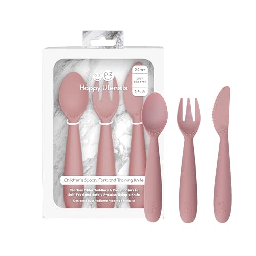 ezpz Happy Utensils - 24 Months+ (Blush) - BPA Free Toddler Utensils - Fork, Spoon and Knife for Toddlers and Preschoolers - Kids Utensils for Self-Feeding Development