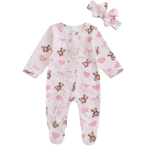 Baby Girl Footies Rompers One-Piece Long Sleeve Bodysuits with Headband Newborn Hospital Coming Home Outfit