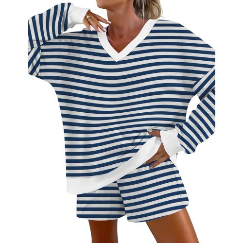 AKEWEI Womens Pajama Sets V Neck Long Sleeve Top and Shorts Cozy Loungewear with Pocket
