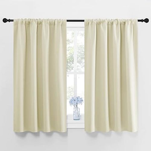 NICETOWN Blackout Curtains for Bedroom, Home Decorations Thermal Insulated Solid Rod Pocket Blackout Drapes for Cafe (Beige, One Pair, 42 x 48-inch)