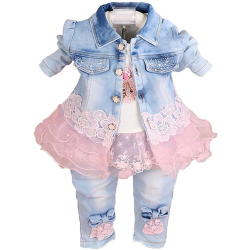 Yao Baby Girls Denim Clothing Sets 3 Pieces Sets T Shirt Denim Jacket and Jeans