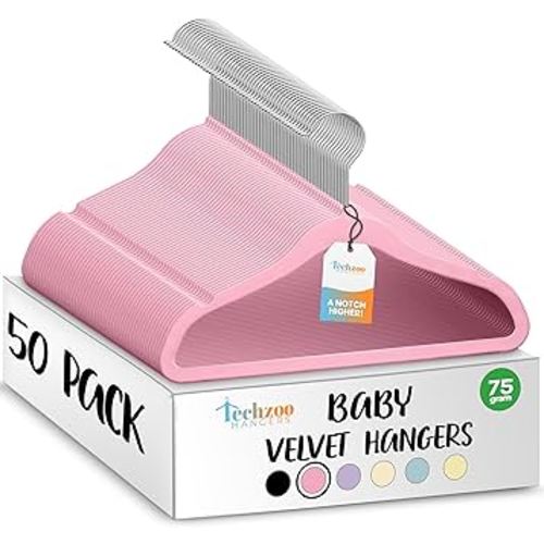 50 Premium Baby Velvet Hangers - 11.8 Inches Non-Slip & Ultra-Slim Baby Hangers for Space-Saving & Children Clothes - 360 Swivel Hook, Strong & Durable Infant & Toddler Clothes Hanger - Pink