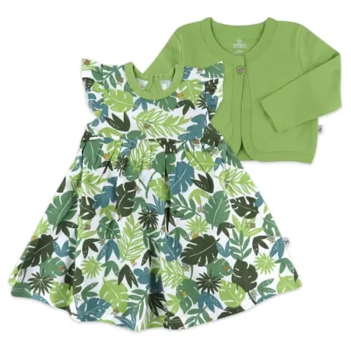 2-Piece Organic Cotton Flutter Sleeve Dress and Cardigan Set – Jungle Jam (3-6 Months)