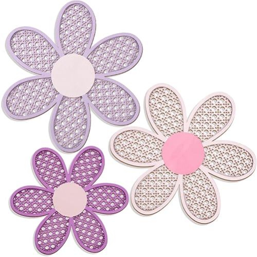 Maitys 3 Pieces Boho Daisy Wall Decor Natural Rattan Flower Wall Hanging Art Wooden Boho Wall Art Nursery Wall Decor Flowers Farmhouse Hanging Decor for Home Office Nursery (Pink, Purple)