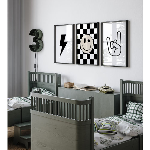 Rock And Roll Poster, Set of 3, Black White Nursery, Checkered nursery Poster, Baby Boys Kids Room Decor, Toddler Poster, Lightning Bolt Art