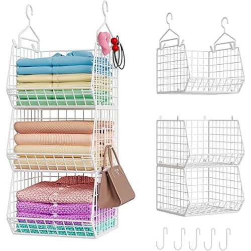 X-cosrack 3 Tier Foldable Closet Organizer, Clothes Shelves with 5 S Hooks, Wall Mount&Cabinet Wire Storage Basket Bins, for Clothing Sweaters Shoes Handbags Clutches Accessories-White Patent Design