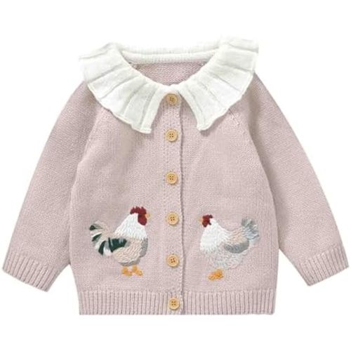 Baby Girl Knit Cardigan Sweater Rooster Embroidery Doll Collar Knitwear Coat Toddler Fall Winter Clothes