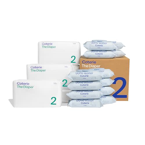 Coterie Baby Wipes + Diapers Kit, Size 2 Diapers (186 Count) & 12 Pack (672 Count) Baby Wipes with 99% Water, Plant Based Materials, Hypoallergenic for Sensitive Skin