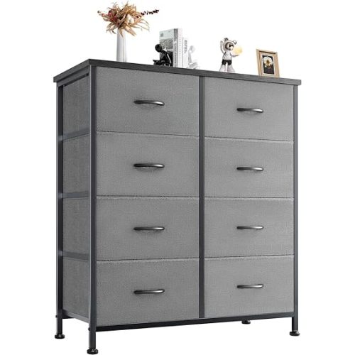 DUMOS Dresser for Bedroom with 8 Fabric Drawers, Tall Chest Organizer Units for Clothing, Closet, Kidsroom, Storage Tower with Cabinet, Metal Frame, Wooden Top, Lightweight Nursery Furniture, Grey