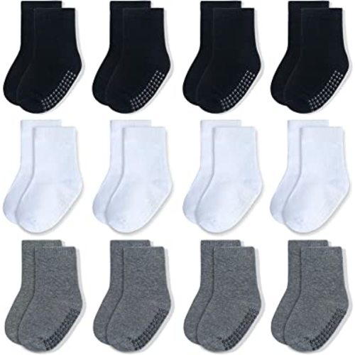 JAKIDAR 12 Pack Baby Socks Cotton Crew Toddler Socks Grips Non Slip Bottom Kids Socks