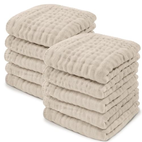 Comfy Cubs Muslin Baby Washcloths 10 Pack - Soft 6-Layer Cotton Wash Cloths for Sensitive Skin - 10"x10" Large, Gentle, Absorbent Infant Essentials for Newborn and Toddlers - (Sand)