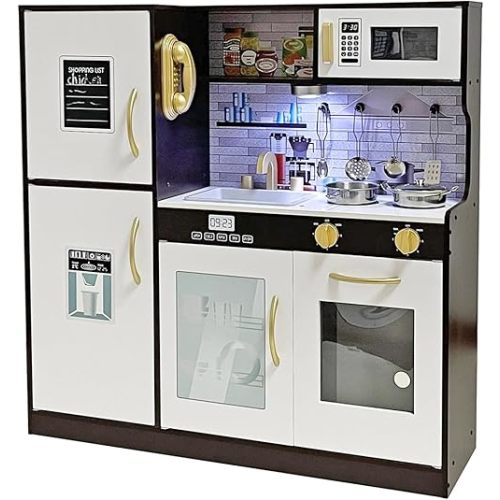 Wooden Play Kitchen Toy Set with Light, Kids Children Pretend Toy Kitchen Playset with Sink Play Toy,Oven Microwave,Toddler Cooking Set Toy for Ages 3+ Baby Girls Boys