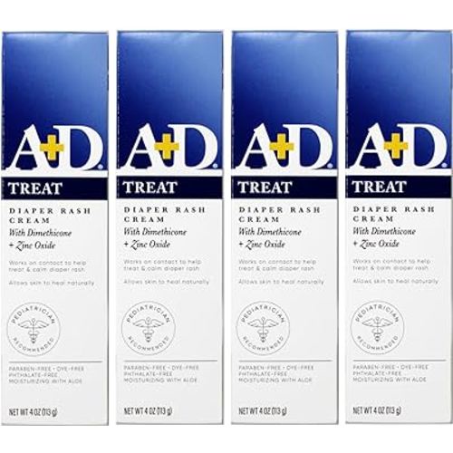 A+D Zinc Oxide Diaper Rash Treatment Cream, Dimenthicone 1%, Zinc Oxide 10%, Easy Spreading Baby Skin Care, 4 Ounce Tube (Pack of 4) (Packaging May Vary)
