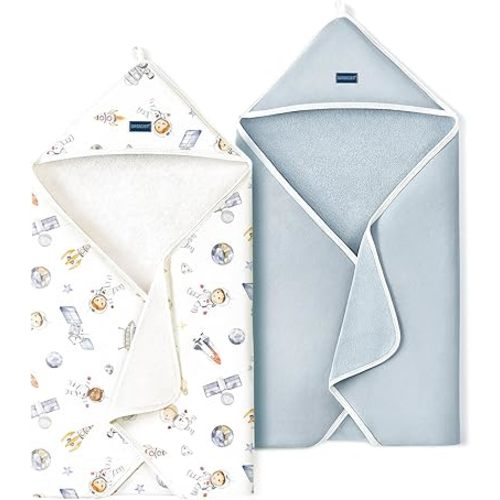 GRSSDER Baby Hooded Towel 2 Pack for Newborn, Super Soft Bath Towels with Original Designs, Ultra Absorbent Knit Terry, Large Toddler Towels with Hood for Boys Girls, Shower Gifts for Infant,34"x 34"