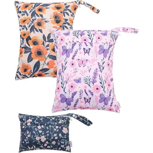 ALVABABY 3 Cloth Diaper Wet Dry Bags Waterproof Reusable with Two Zippered Pockets Travel Beach Pool Daycare Soiled Baby Items Yoga Gym Bag for Swimsuits or Wet Clothes Small medium Large 3L-SML08